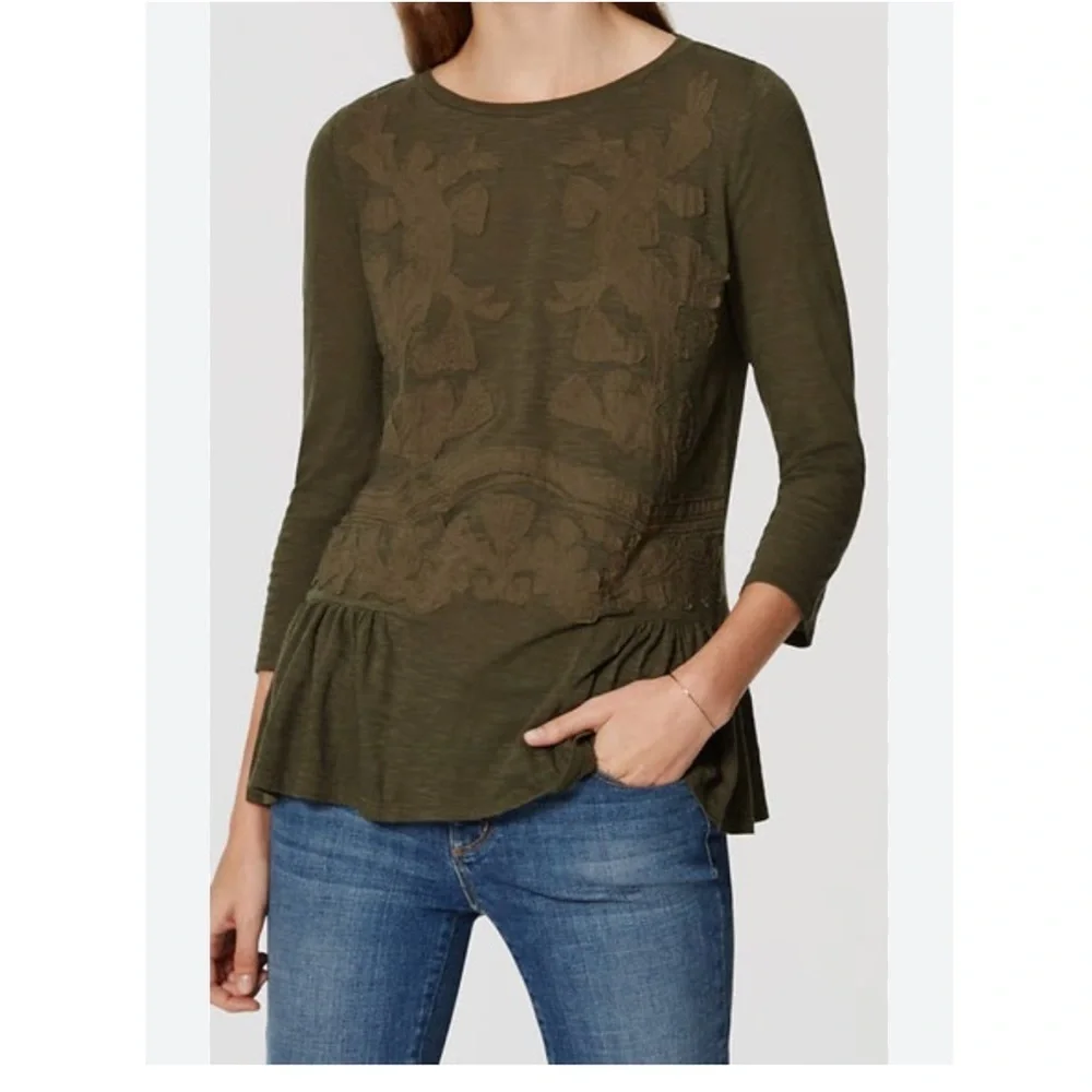 Loft Olive Green Appliqué Peplum Blouse - Picture 1 of 5